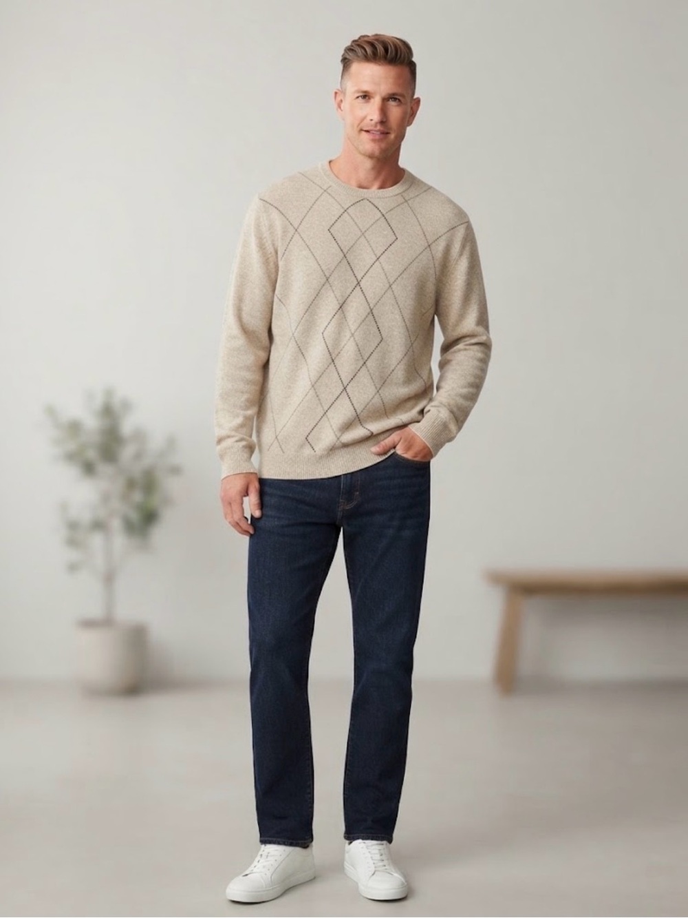 Dockers Men’s Beige Argyle Crew Neck Knit Pullover Sweater XL Classic Preppy Y2K